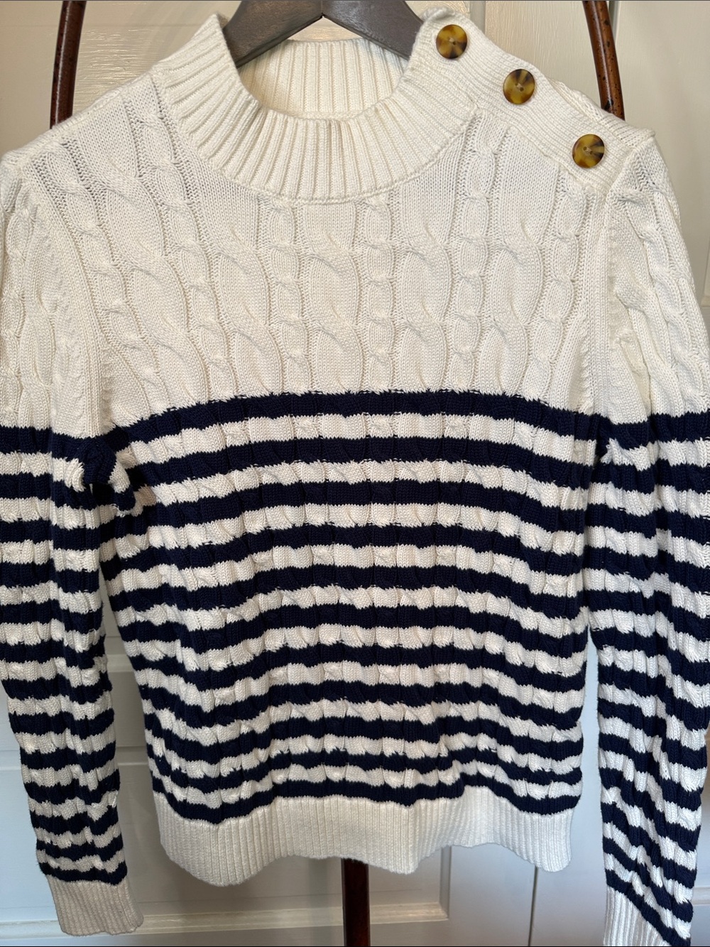 Lands’ End Drifter Cable Knit Sweater Coastal Nautical Striped Medium